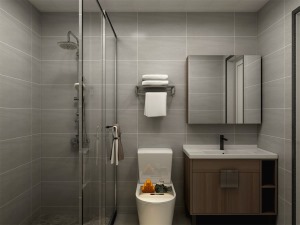  胡桃木色的浴室柜与哑光灰色瓷砖搭配，色温润舒适，纹理中透露着自然气息。