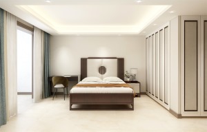 卧室的墙均以米色为主，勾勒意境。搭配木质床头柜与香槟色金属边使卧室更加温馨有质感
