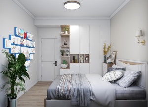 卧室地面铺贴木地板，脚感更佳，墙面没有运用常规的白色调而是选用浅灰色，  更好的突出现代感的氛围。