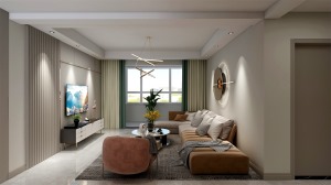 ：客厅整体是暖色调的设计，利用橘色系的沙发，带灯光的金属挂饰来进行点缀