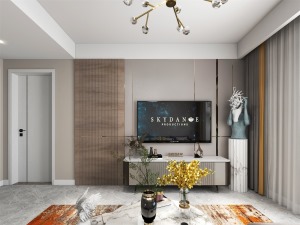 客厅电视背景墙采用木饰面板上墙加隐形门，高大上档次，采用木颜色家具衬托时尚
