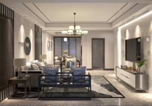 灰与白奠定空间的主基调，简单的线条丰盈客厅的立体感，嵌入式柜体扩张功能的多样性