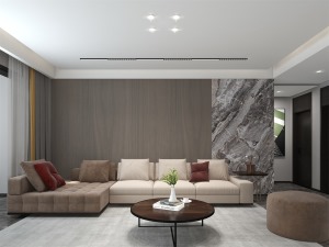 沙发背景墙采用的是木饰面的装饰加上理石纹路的拼接