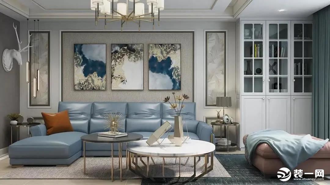客厅打破常规的布局，采用了纯正美式生活的布置方法，富有艺术气息的沙发背景墙，湖蓝色皮质柔软沙发的搭配