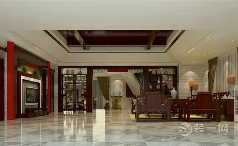 桥头河别墅-650平-造价78万 中式风格客厅效果图2