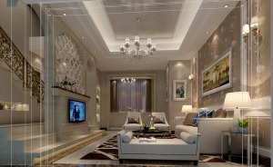 保利国际--350平 复式 造价40万 中式风格客厅效果图
