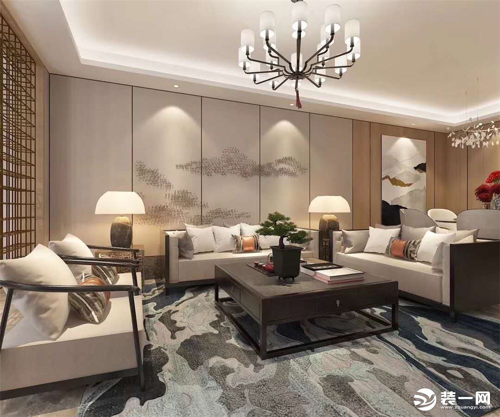 惠州居众装饰中洲中央公园160平中式佛系设计客厅沙发背景效果图