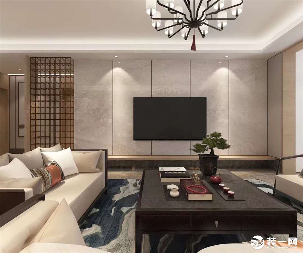 惠州居众装饰中洲中央公园160平中式佛系设计客厅电视背景效果图