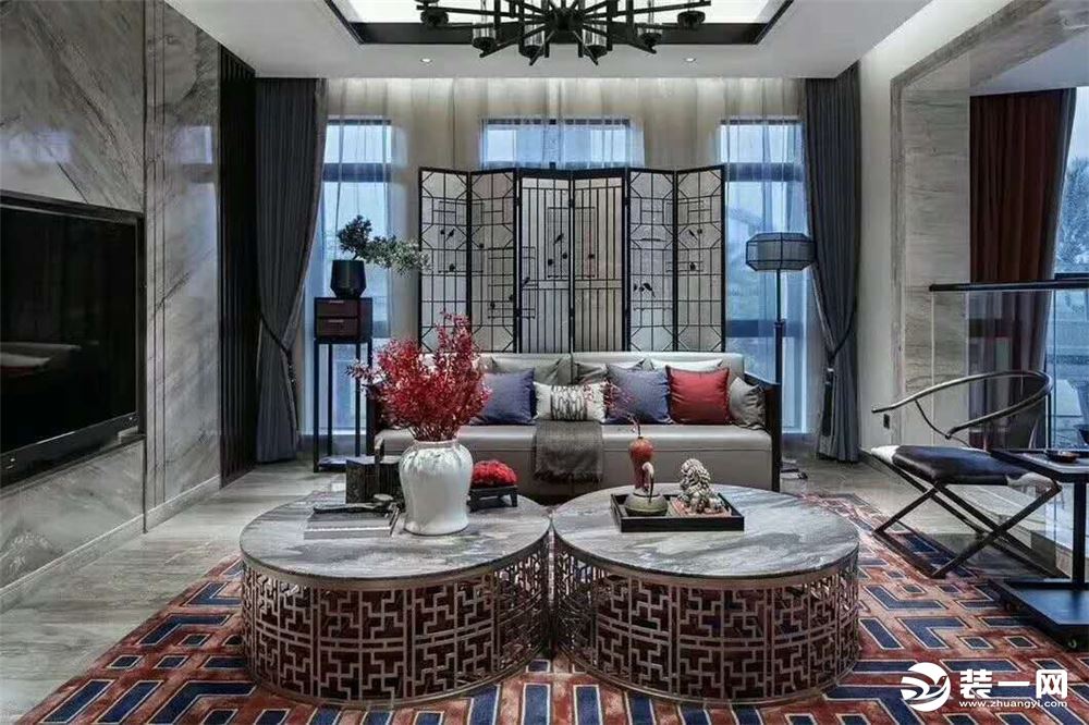 惠州居众装饰300平龙光城中式风格客厅电视背景效果图