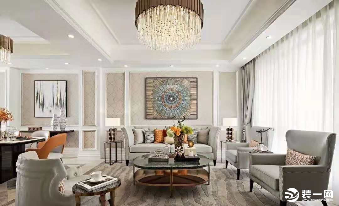 惠州居众装饰180平复式星河丹堤美式风格客厅沙发背景效果图