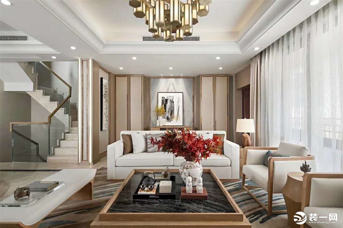 惠州居众装饰370平别墅浪琴湾中式风格客厅效果图