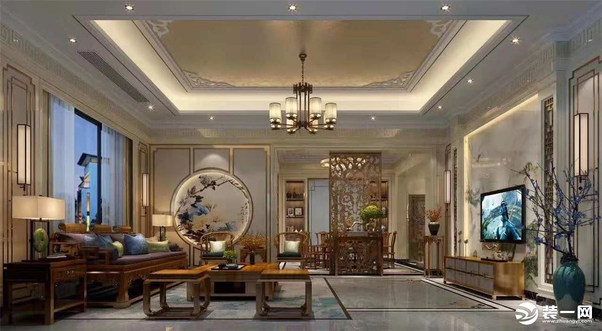 惠州居众装饰恒大棕榈岛320平中式风格客厅效果图