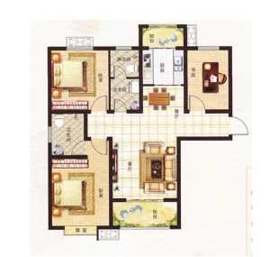 蘇州大通藍灣89平二居室-地中海風格裝修-平面戶型圖