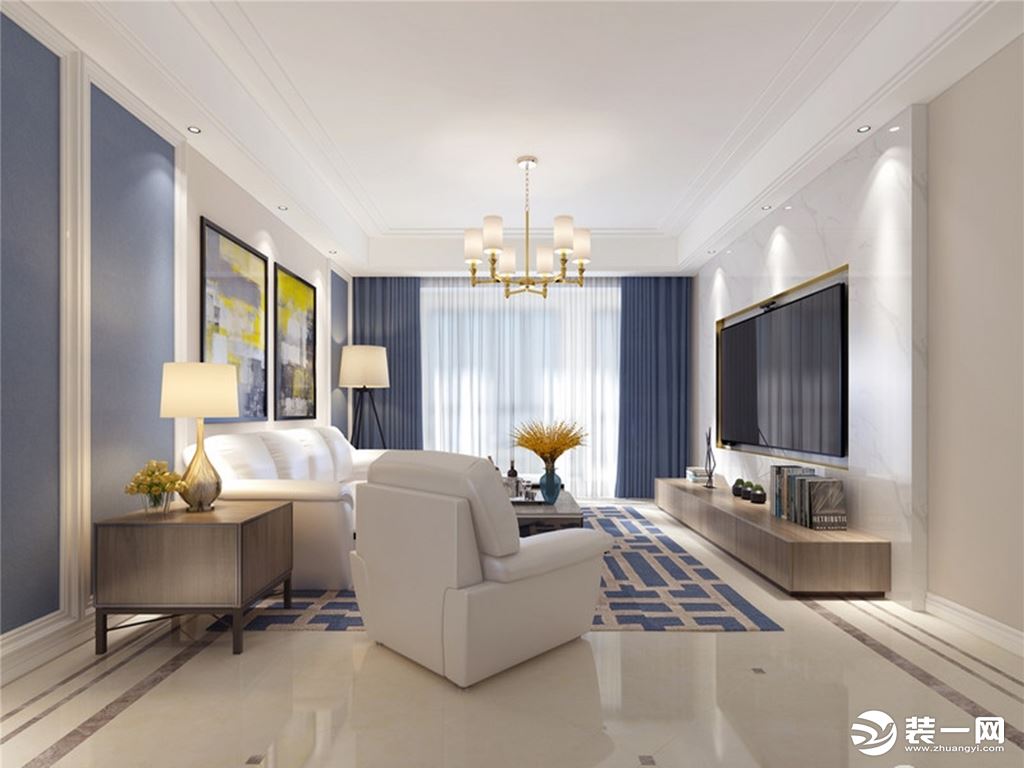 客厅以米色和蓝色漆粉刷墙面，让几何石膏墙更显块状感，黄色抽象的挂画更填色彩感；白色皮质沙发与纱幔、蓝