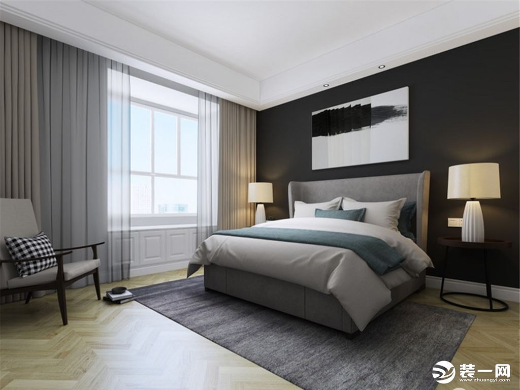 卧室采用舒适、稳重的中性色彩，力求让朴素带来宁适；黑色背景墙因为留白挂画多了抽象意蕴，同时，实木边几