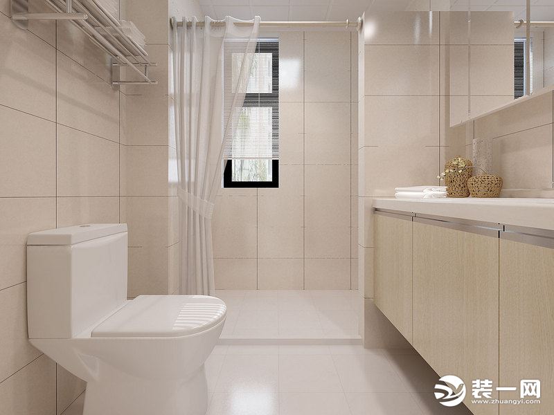 利用乳色方砖铺贴卫浴间，除了光泽度外，空间的通风性也是值得注意的事项；简式盥洗台没有占用太多空间，却