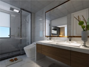 卫生间铺贴了白色暗纹砖，以通透和光泽让整个空间白净天然，而宽大透明玻璃将干湿分区；实木盥洗柜简练而实