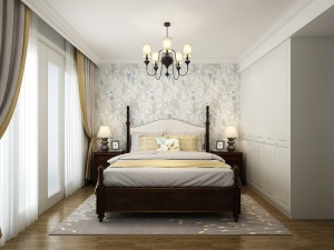 主卧一整面墙的植物元素的壁纸墙为整个空间带来活力，减弱了美式家具为空间带来的沉重感；窗帘与床品地毯的