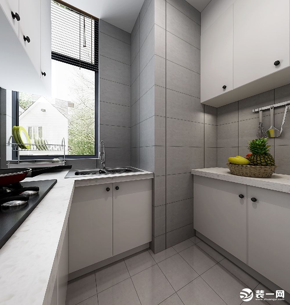 在设计时充分利用吊柜和地柜增加储存空间，采用白色橱柜+石材材质增强是的厨房简洁，美观。