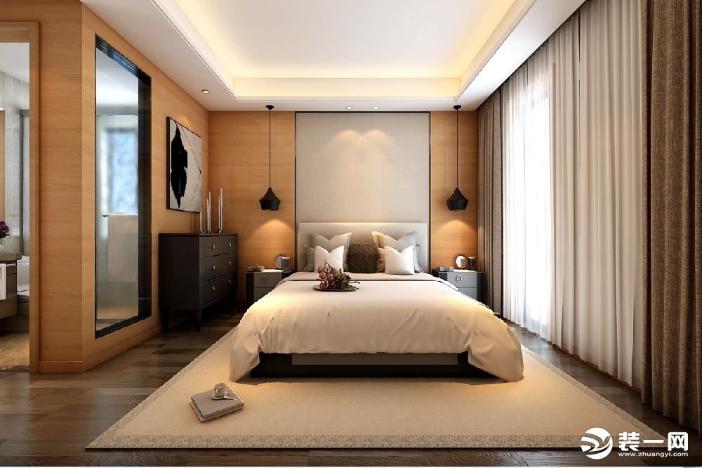 床背景运用了原木背景墙和全软包相结合，灯光的装饰让整体空间更柔和。