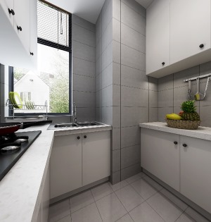 在设计时充分利用吊柜和地柜增加储存空间，采用白色橱柜+石材材质增强是的厨房简洁，美观。