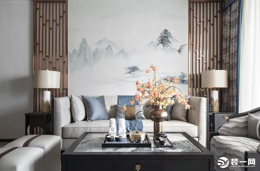 付家庄新中式风格高级烟灰蓝客厅效果图，坐榻端正清秀，山水峻秀，云之缥缈。