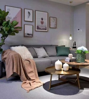 西安路80㎡北欧风格两居室客厅效果图因户型小，客厅排放了一个三人位的小沙发，