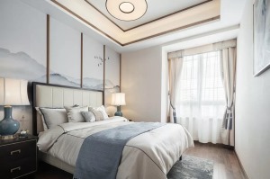 付家庄新中式风格高级烟灰蓝卧室效果图，水墨画的背景，宁静而高雅，简洁的线条、清寂的装饰