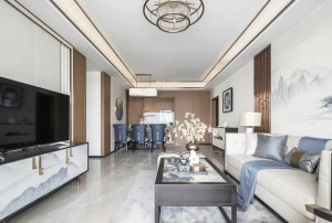 付家庄新中式风格高级烟灰蓝客厅效果图素雅的米灰色平静而柔和，深邃的烟灰蓝与木色搭配