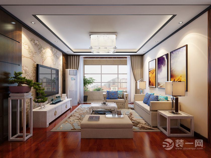 武汉国博新城三居室140平新中式装修客厅实景图