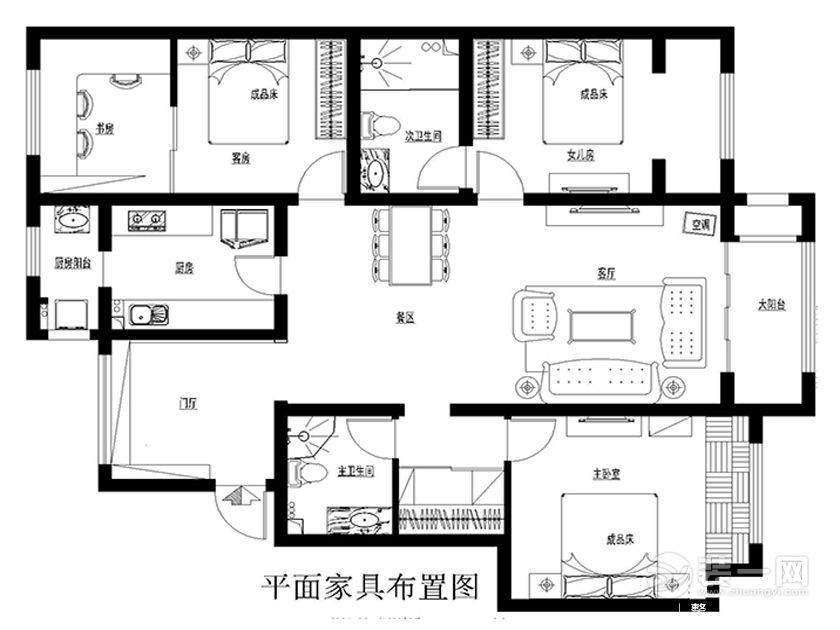 武汉廊桥水岸140平四居室欧式家装平面布置图