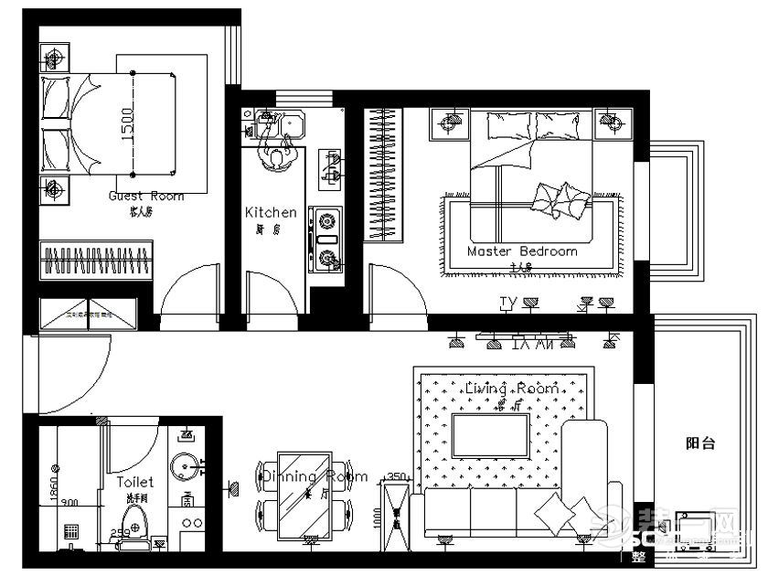 武汉越秀逸府85平二居室现代简约装修风格平面布置图