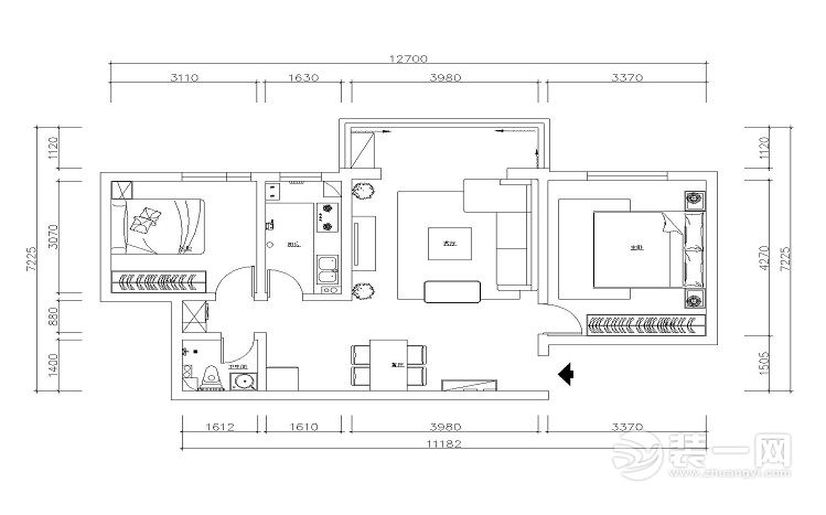 武汉明珠家园97平二居室现代简约风平面布置图