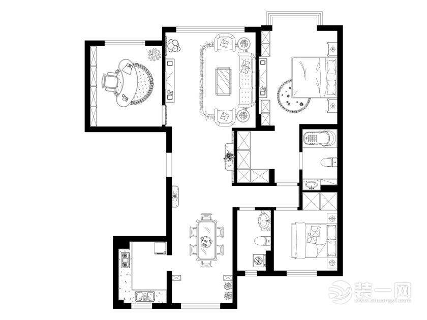 武汉保利时代138平米三居室美式风格平面布置图