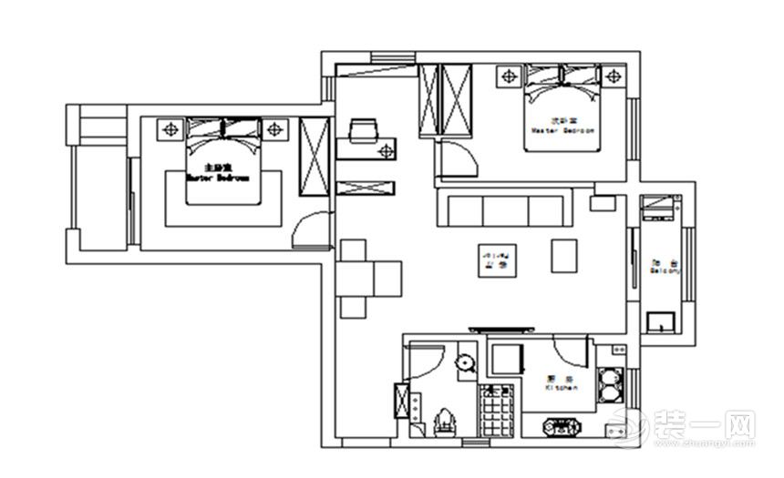 武汉三和剑桥城125平三居室简欧风格平面布置图