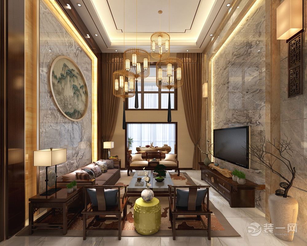 振业泊墅300平米现代中式风格客厅设计