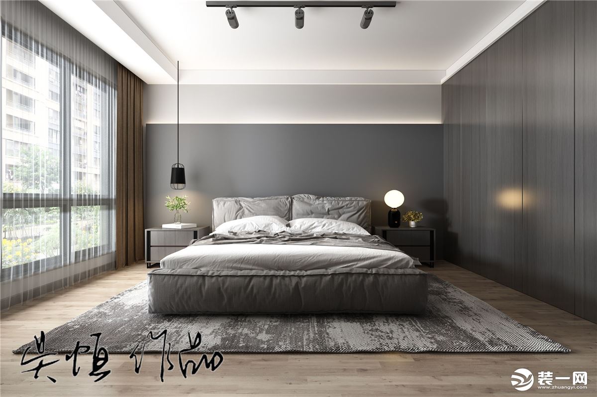 现代黑白灰风格，卧室无主灯设计，以射灯为主