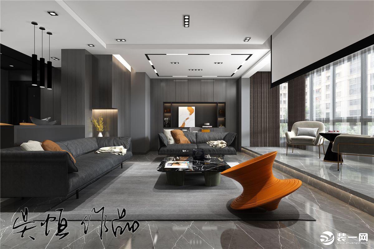 现代黑白灰风格，客厅整体采用的无主灯设计