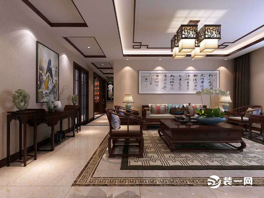 兴庆宫170平新中式风格 客厅沙发背景墙