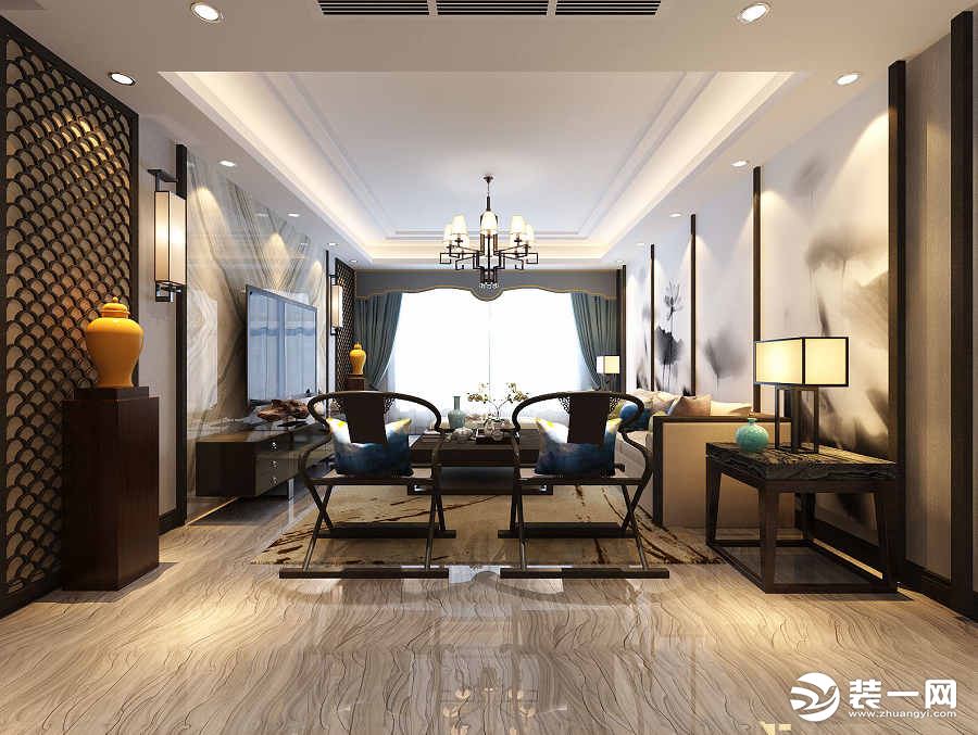 华洲城熙悦都155平新中式风格 客厅效果图