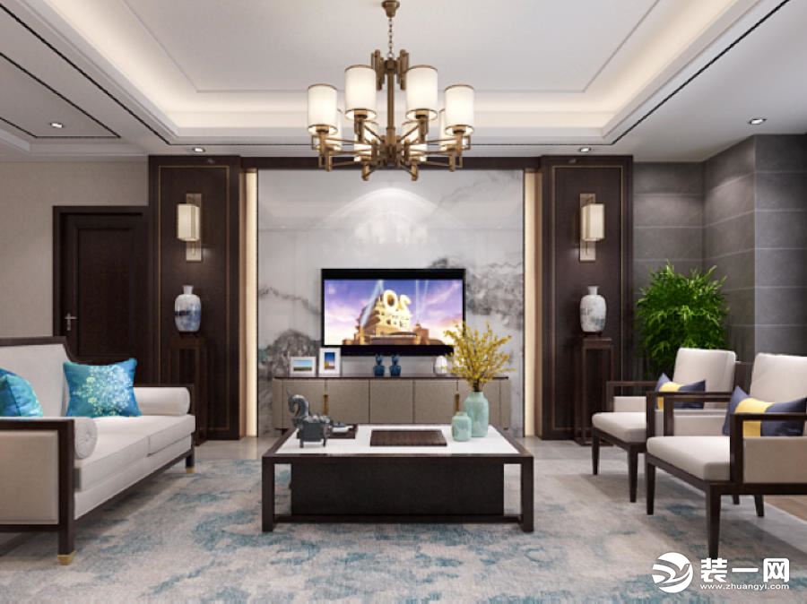 华洲城125平米新中式风格效果图  客厅电视墙