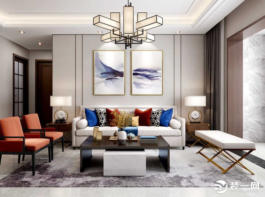金地西沣公元90平新中式风格效果图  客厅沙发墙