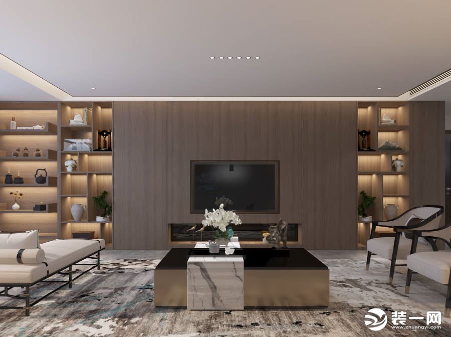 赛高悦府201平米新中式风格设计效果图  客厅电视墙