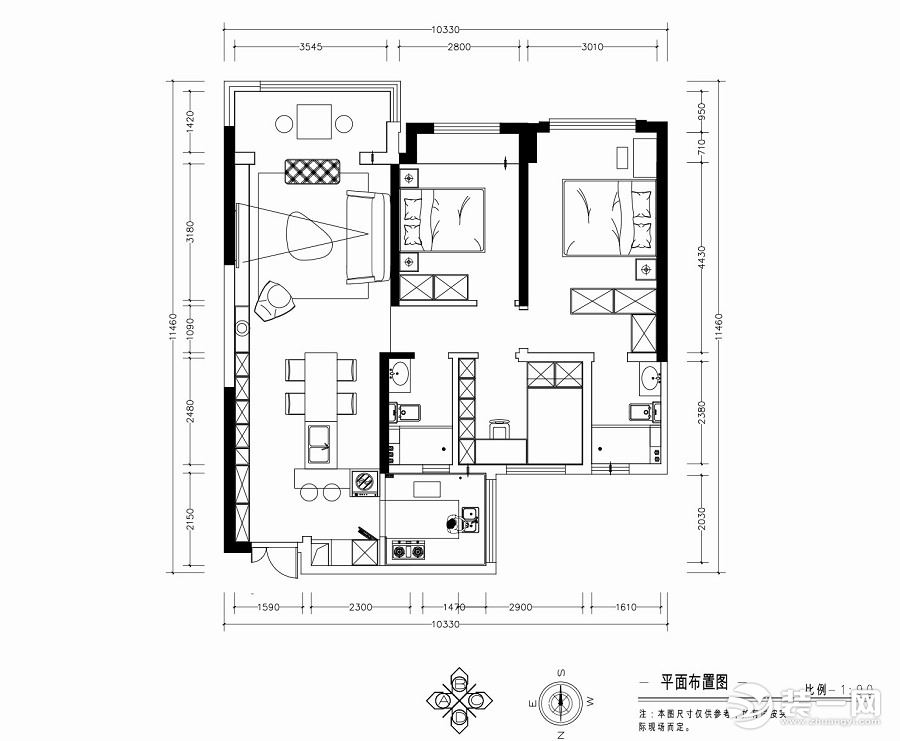 蓝光公园华府110平米户型图 平面布置图