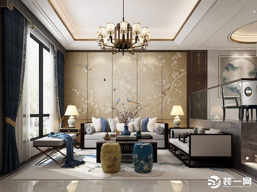 中海铂宫380㎡新中式别墅效果图  沙发墙