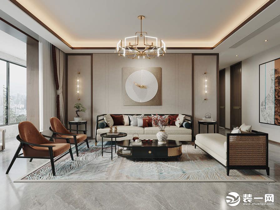 大华曲江樾境165平新中式风格效果图 客厅沙发墙