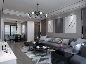 铭城国际社区122平简约风格效果图  客厅沙发背景及餐厅