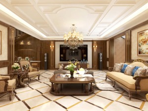 中海铂宫380平别墅欧式风格效果图  客厅电视墙