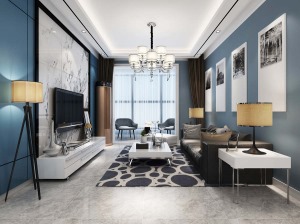 华远枫悦105平米现代风格，一抹蓝打造沉静优雅气质美家！