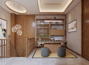 陆港滨海湾160平顶跃新中式风格效果图  二楼茶室